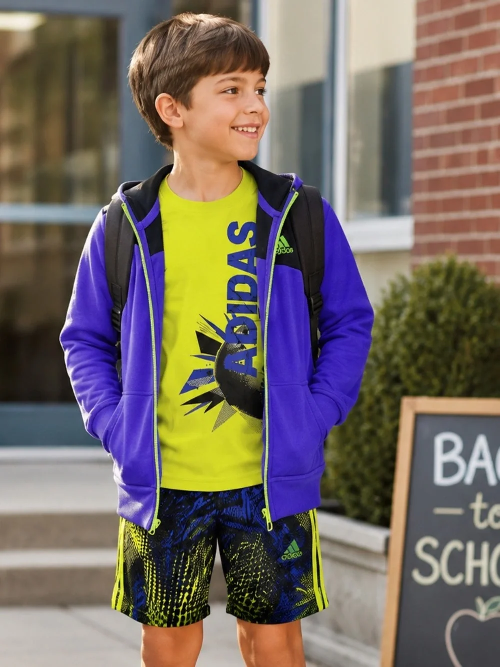 Adidas Boys Size 4/5 Bundle Hoodie Shirt Shorts Neon Athletic Set